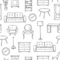 Sketch furniture pattern. Living room doodle vintage interior vector isolated wallpaper texture