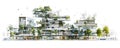 A sketch of a futuristic mixed-use building, with retail, residential, and green spaces integrated