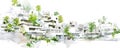 A sketch of a futuristic residential complex, with modular units, green spaces, and advanced