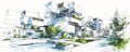 A sketch of a futuristic residential complex, with modular units, green spaces, and advanced