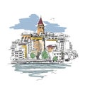 Sketch of Galata tower in Istanbul and seagulls flying in sky, Famous turkish landmark, Vector hand drawn