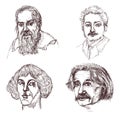 Sketch of Galileo Galilei,Nicolaus Copernicus,Albert Einstein.