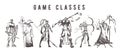 Sketch of game classes of multiplayer games. Mage, Warrior, Archer, Healer, Lancer and Berserk hand drawn isolated