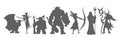 Sketch of game races and classes of multiplayer games. Dwarf warrior,Dark Elf, Dwarf Shooter, Orc Royalty Free Stock Photo