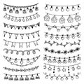 Sketch garlands set. Party bulbs garland, flags and stars with beads. Festive decoration, line pennant on string drawing