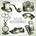 Sketch gentlemen accessories. Hand drawn men illustrations set Royalty Free Stock Photo