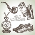 Sketch gentlemen accessories. Hand drawn men illustrations set