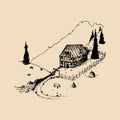 Sketch of german countryside homestead, peasants house in mountains. Vector hand drawn farm landscape illustration.