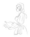 Sketch german girl in a suit and a Christmas goose