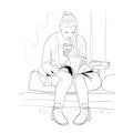 A girl drinking coffee in a cafe outdoors and reading a magazine. Vector