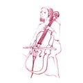 Sketch of girl playing the cello, cellist, musician, music hand drawn pencil illustration