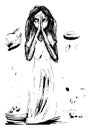 A sketch of the girl`s figure that raises the stones