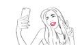 Sketch Girl Take Selfie Photo On Cell Smart Phone