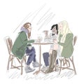 sketch of girlfriends laughing in a cafe