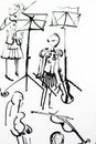 sketch of girls violinists playing the violin. hand painted black ink