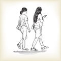 sketch of girls walking touching tablet, hnd drawn vector illustration