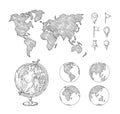 Sketch globe maps. Hand drawn earth lands, doodle world map with continents and oceans. Geography vector illustration Royalty Free Stock Photo