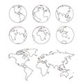 Sketch globe and world map. Doodle hand drawn vector illustration. Earth planet with continents,islands and oceans. Royalty Free Stock Photo