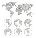 Sketch globe and world map.Vector hand drawn illustration. Earth planet with continents,islands and oceans. Royalty Free Stock Photo