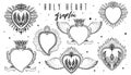 Sketch graphic illustration set Holy heart with mystic and occult hand drawn symbols. Vintage Hands with Old Fashion Tattoos.