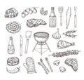 Sketch grill food. BBQ tools, sauces and meat. Hand drawn engraving barbecue elements vector illustration set Royalty Free Stock Photo