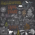 Sketch of halloween design elements with punpkin, witch, black cat, ghost, skull, bats, spiders with web. Doodles set with Royalty Free Stock Photo