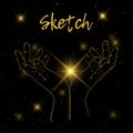 Sketch hand begging hands. Vector line illustration