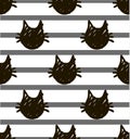 Sketch hand drawn cat heads pattern on gray stripes