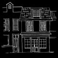 Sketch hand drawn  European facade architecture style building, house on black background. Royalty Free Stock Photo