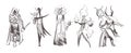 Sketch hand drawn of game races and classes of MMORPG games: Dark elf assassin, thief,druid elf, priest, fire mage