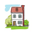 Sketch of hand-drawn house, detached, single family houses with trees. Doodle cartoon vector illustration Royalty Free Stock Photo