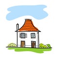 Sketch of hand-drawn house, detached, single family houses with trees. Doodle cartoon vector illustration Royalty Free Stock Photo