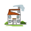 Sketch of hand-drawn house, detached, single family houses with trees. Doodle cartoon vector illustration Royalty Free Stock Photo