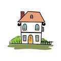 Sketch of hand-drawn house, detached, single family houses with trees. Doodle cartoon vector Royalty Free Stock Photo