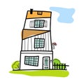 Sketch of hand-drawn house, detached, single family houses with trees. Doodle cartoon vector illustration Royalty Free Stock Photo