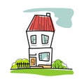 Sketch of hand-drawn house, detached, single family houses with trees. Doodle cartoon vector illustration Royalty Free Stock Photo