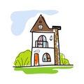 Sketch of hand-drawn house, detached, single family houses with trees. Doodle cartoon vector Royalty Free Stock Photo