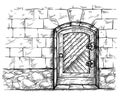 Sketch hand drawn old arched wooden door in stone wall vector