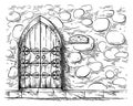 Sketch hand drawn old double arched wooden door in stone wall castle vector Royalty Free Stock Photo