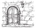 Sketch hand drawn old double arched wooden door in stone wall vector