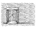 Sketch hand drawn old double rectangular wooden door in brick wall vector Royalty Free Stock Photo