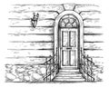 Sketch hand drawn old wooden door with porch and railing vector Royalty Free Stock Photo