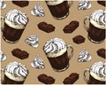 Sketch hand drawn pattern of hot cocoa with whipped cream isolated on brown background.