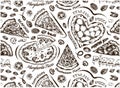 Sketch hand drawn pattern of vintage style pizza isolated on white background. Royalty Free Stock Photo