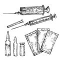 Sketch hand drawn syringe, ampoule, and sachet medicine.