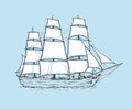 Sketch hand drawn vector sailboat. Vintage frigate on the sea on a blue background