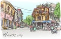 Sketch of Hanoi town street market and old building, show people
