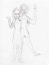 Sketch of happy girls hand drawn by black pencil Royalty Free Stock Photo