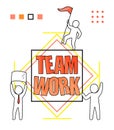 Sketch of happy little people with big word Teamwork. Doodle cute miniature scene of workers