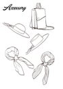 Sketch of a hat, bag, scarf. Selection of fashion women`s clothing. Fashion accessories. A set of sketch stickers. Royalty Free Stock Photo